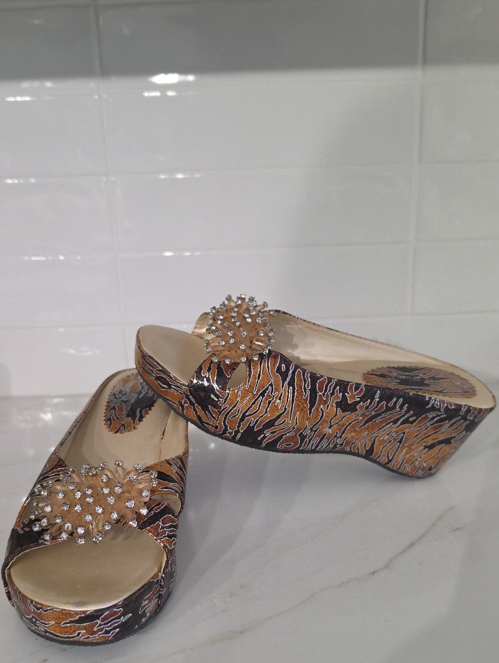 Pierre Dumas Brown and Black Tiger-Print Wedge Slides with Crystal Accent